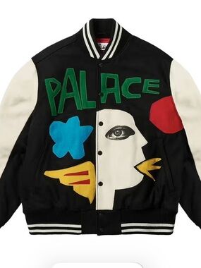 PALACE Black Varsity Jacket with Multicolor Appliqués by JCC+